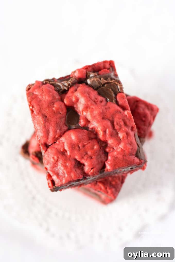 Vibrant Red Velvet Oatmeal Fudge Bars, a festive and delicious treat perfect for celebrating Valentine's Day.