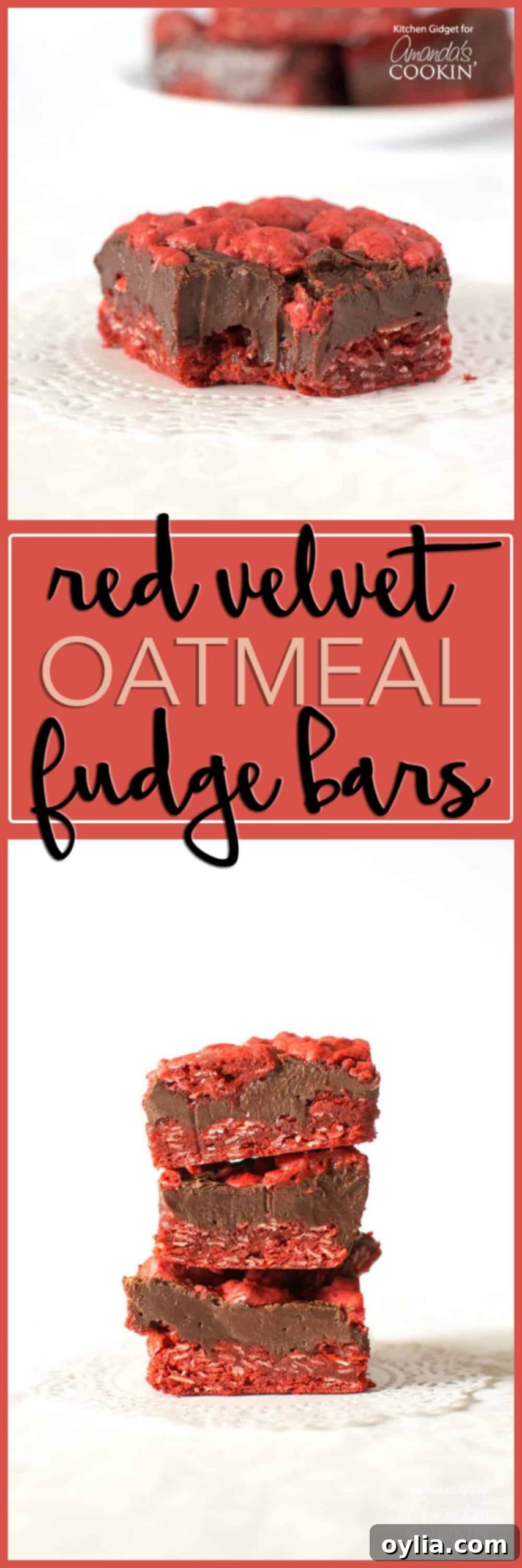 Crimson Velvet Oat Fudge Bars 7 A high-angle photo showcasing the texture and vibrant red color of a single Red Velvet Oatmeal Fudge Bar.