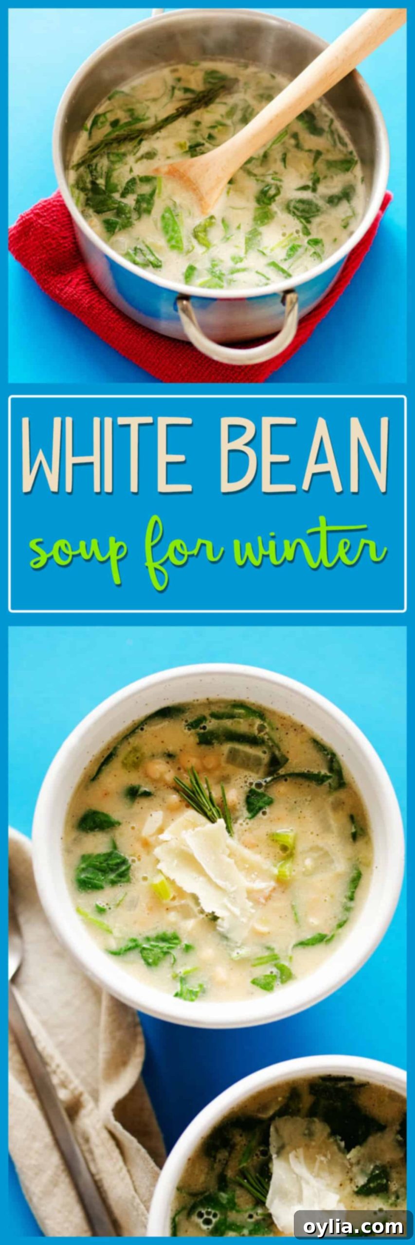 Photos of white bean soup in a bowl.