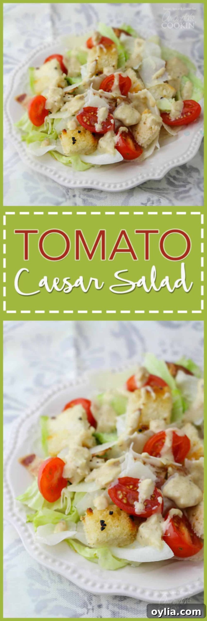 Photos of tomato Caesar salad on a plate.