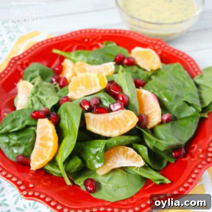 A vibrant pomegranate clementine spinach salad on a red plate, ready to be enjoyed.