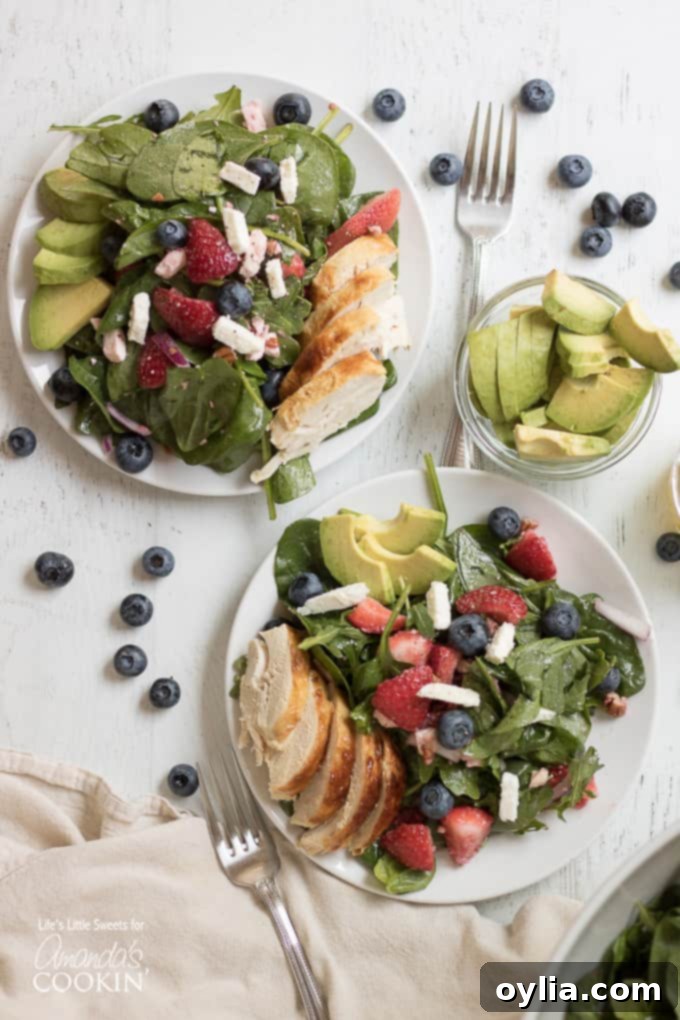 An overhead view of two pomegranate clementine spinach salads, garnished with scattered blueberries on a rustic table surface.