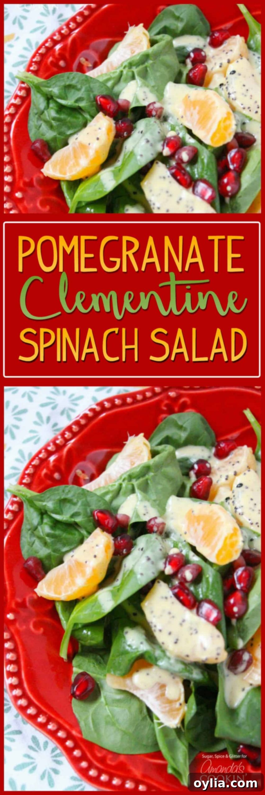 Overhead photos of a pomegranate clementine spinach salad on a red plate, suitable for social media sharing.