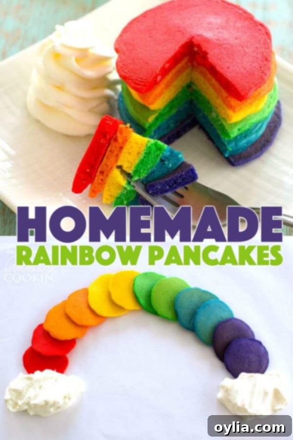 Large image of stacked rainbow pancakes with whipped cream for Pinterest