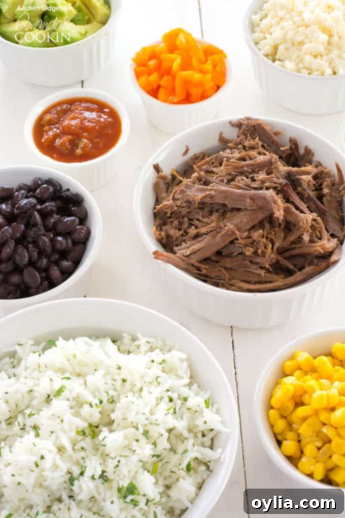 Multiple little white bowls filled with cooked beef, white rice, black beans and corn.