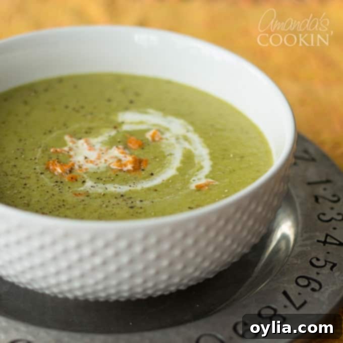A beautifully presented bowl of Cream of asparagus soup.