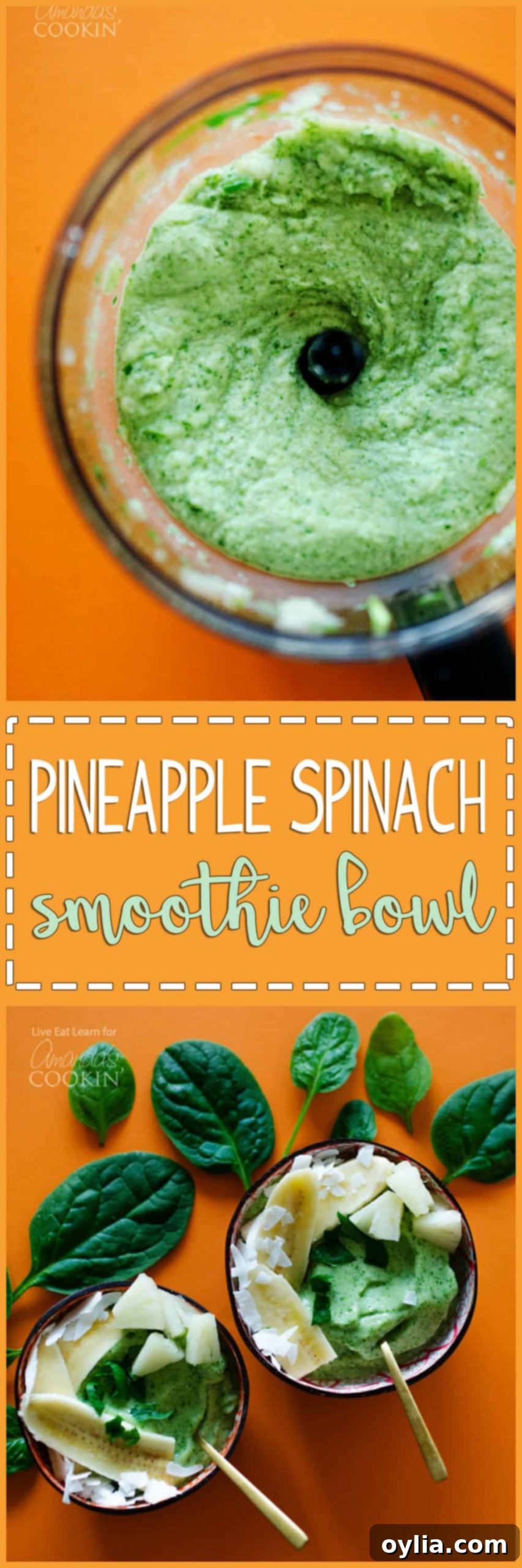 A large, vibrant photo of a pineapple spinach smoothie bowl, garnished with fresh fruit and seeds, suitable for pinning to Pinterest.