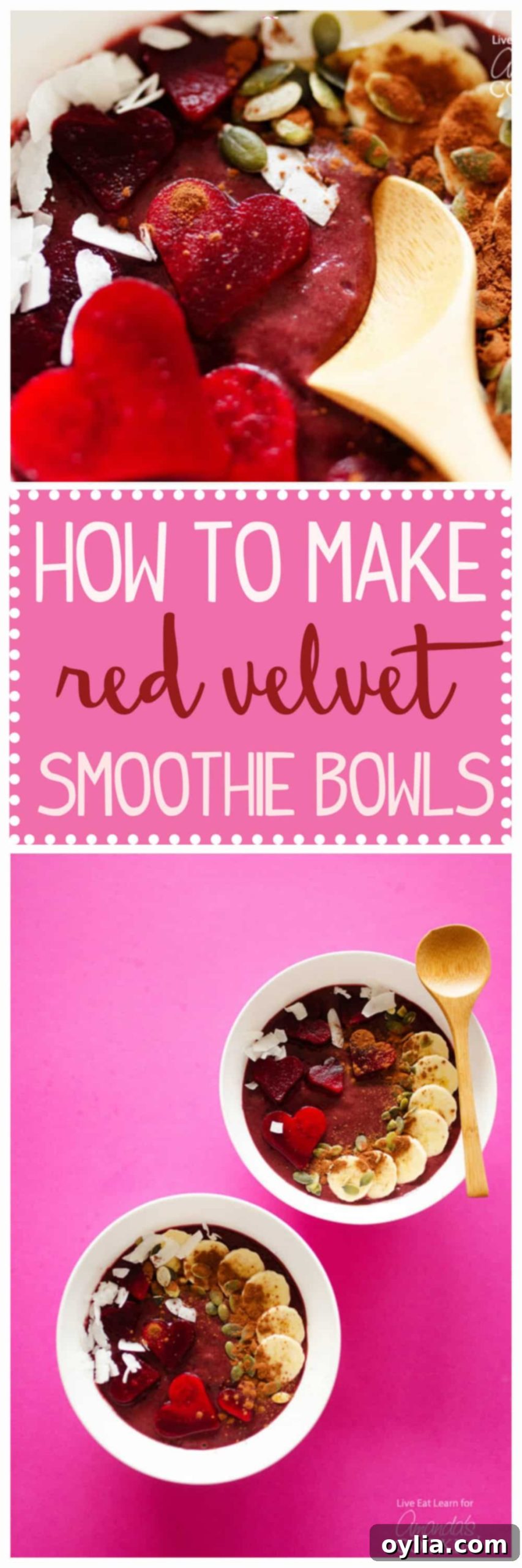 A beautiful Pinterest collage featuring a close-up of a red velvet smoothie bowl with a wooden spoon and an overhead shot of two bowls, garnished with heart-shaped fruit and cocoa, perfect for sharing on social media.