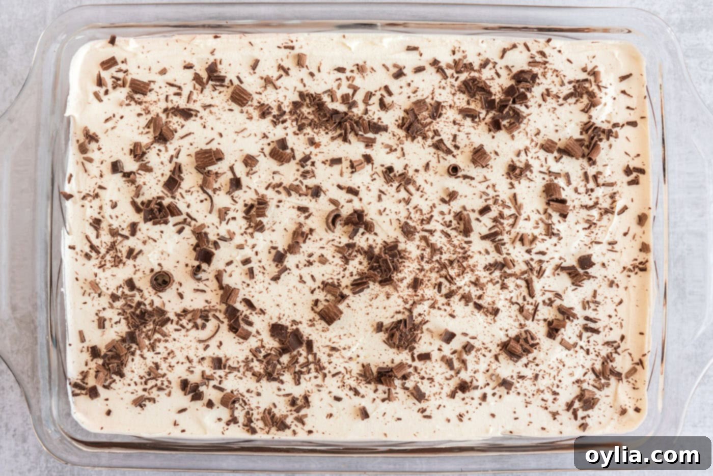 shaved chocolate on top of mint chocolate lasagna