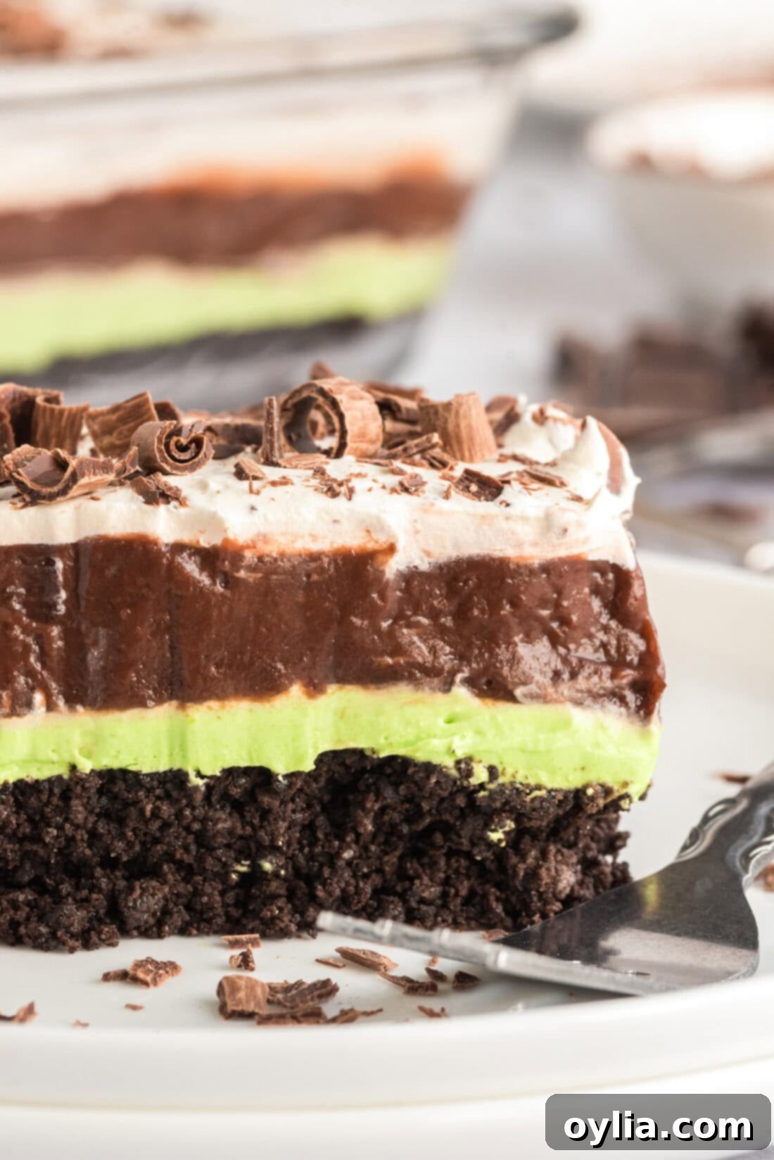 Close up photo of a slice of Mint Chocolate Lasagna