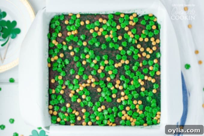 Baileys Irish Cream Chocolate Fudge with festive green and gold candy sprinkles