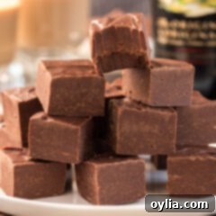 Close up photo of a stack of fudge squares with a bite taken out of the top square