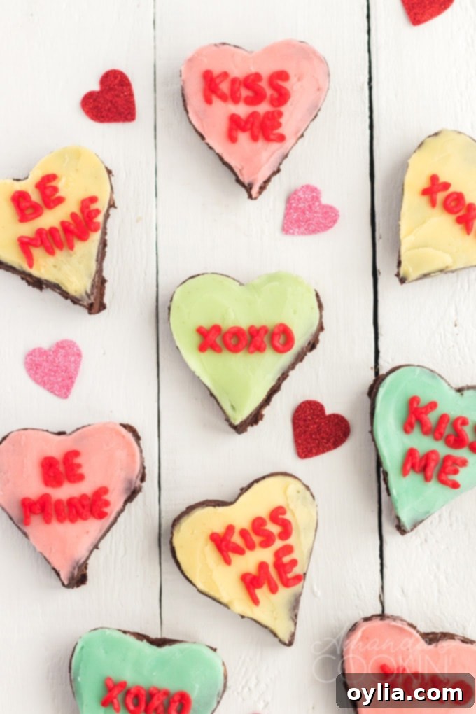 overhead view of conversation heart brownies