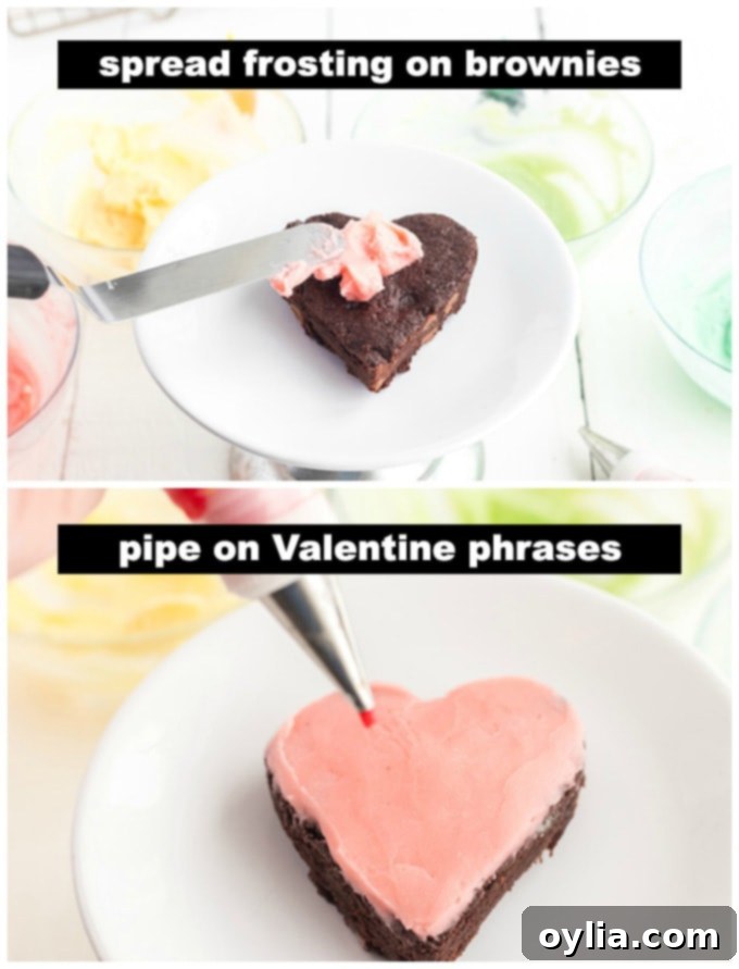 spreading frosting on a heart brownie