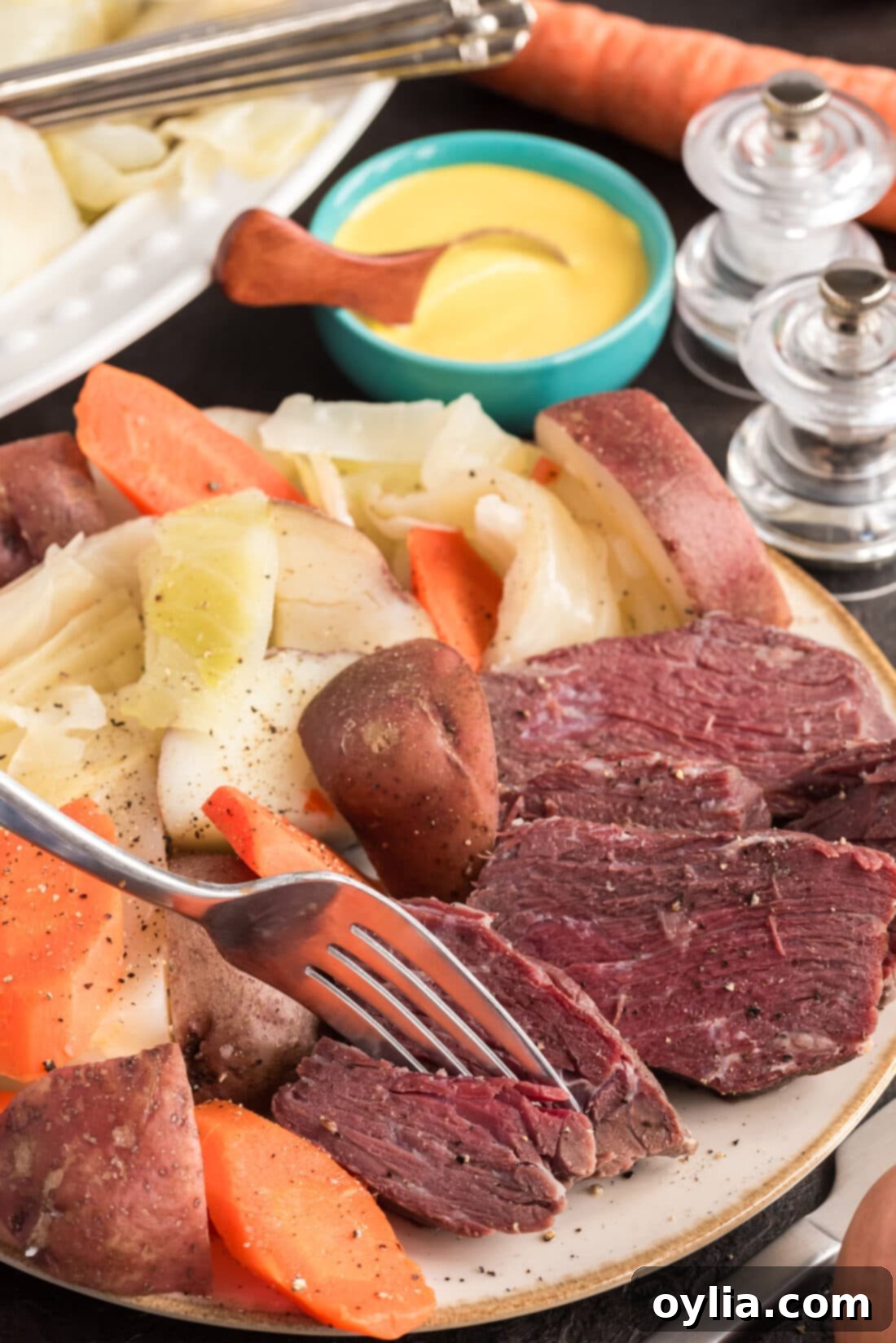 Fork breaking up a piece of Corned Beef