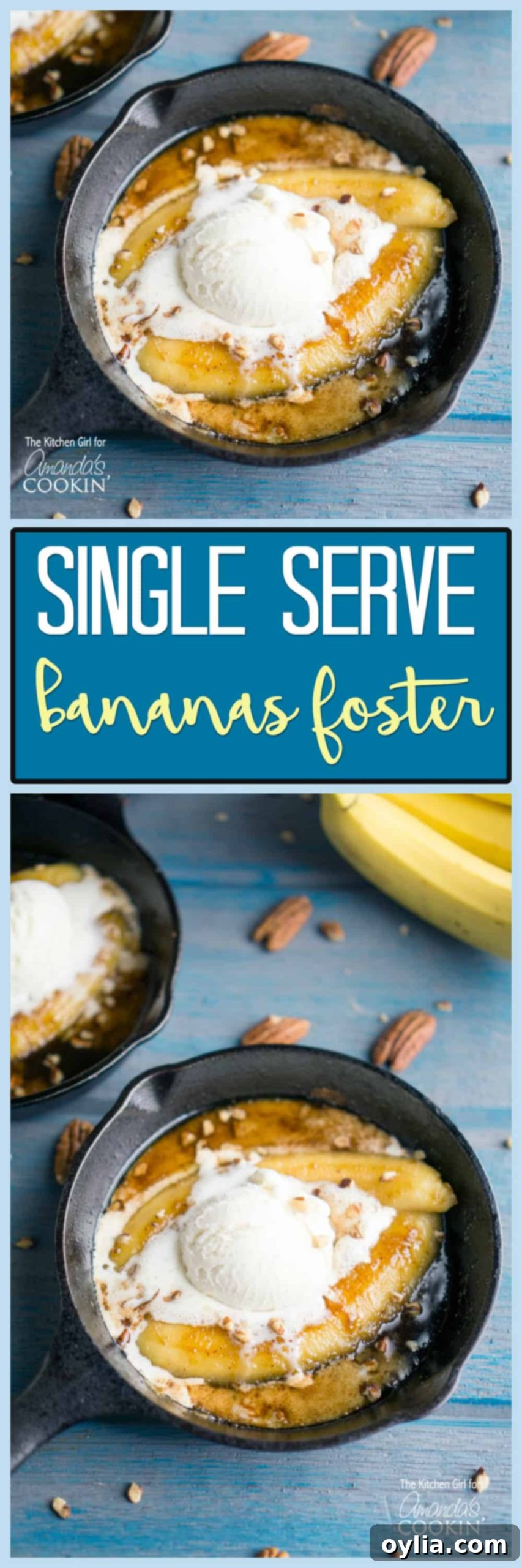 A collection of enticing photos illustrating the process and final presentation of single serve bananas foster, perfect for pinning.