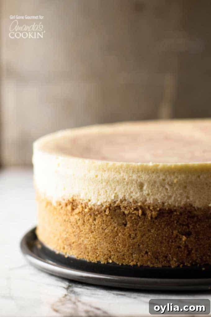 A stunning, tall strawberry swirl cheesecake sitting on a elegant black plate, showcasing its creamy texture and vibrant red swirls, ready to be served at a special occasion.