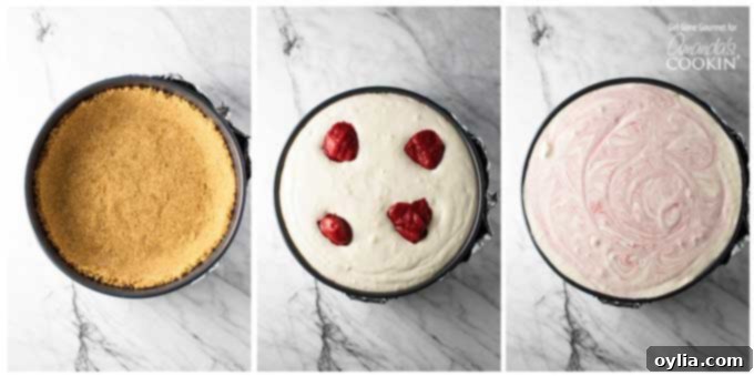 A three-panel image showing the steps to create a strawberry swirl cheesecake: first, the graham cracker crust in the springform pan; second, the pan filled with creamy cheesecake batter topped with dollops of strawberry puree; third, the puree artfully swirled into the batter, ready for baking.