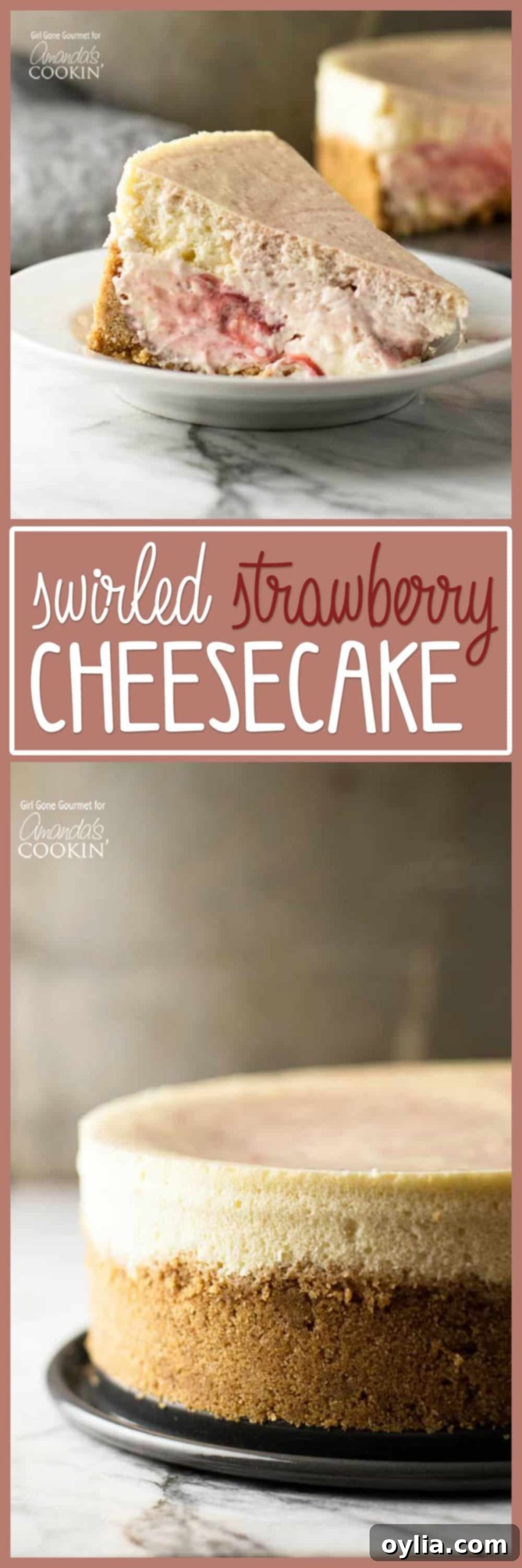 Marbled Strawberry Cheesecake 7 A tall, eye-catching Pinterest-optimized image for a strawberry swirl cheesecake recipe, showing a slice with its beautiful creamy texture and vibrant fruit swirls.