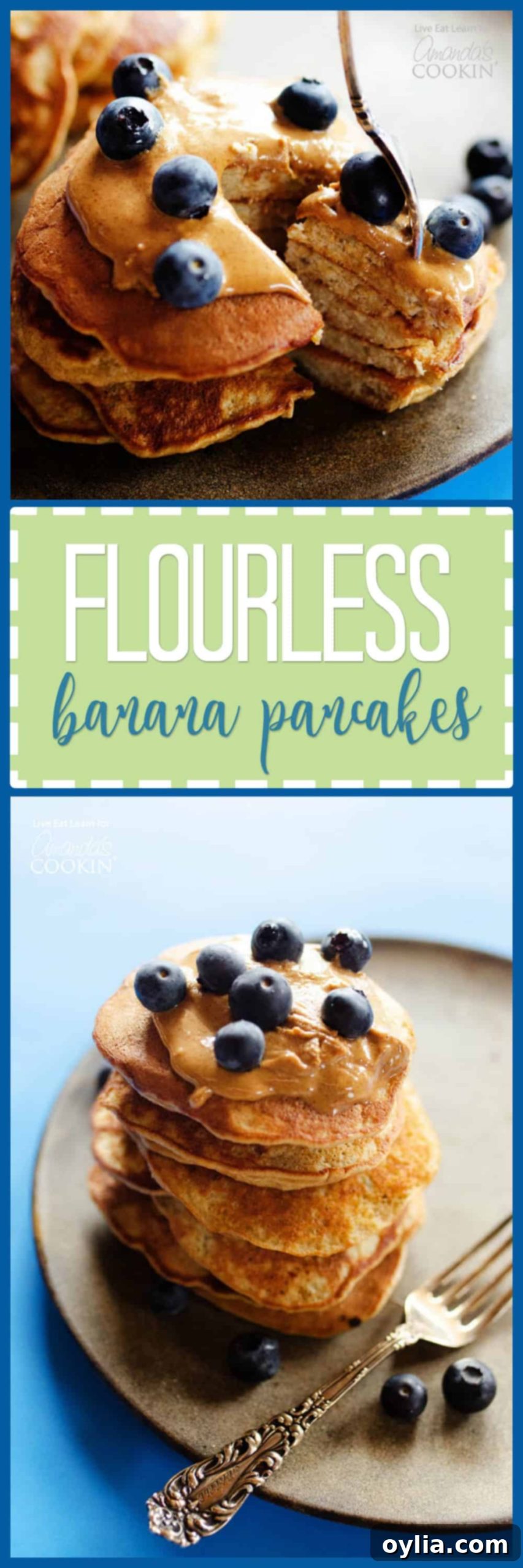 Naturally Sweet Banana Stacks 6 pinterest image with text 'Flourless Banana Pancakes - Healthy and Delicious!'