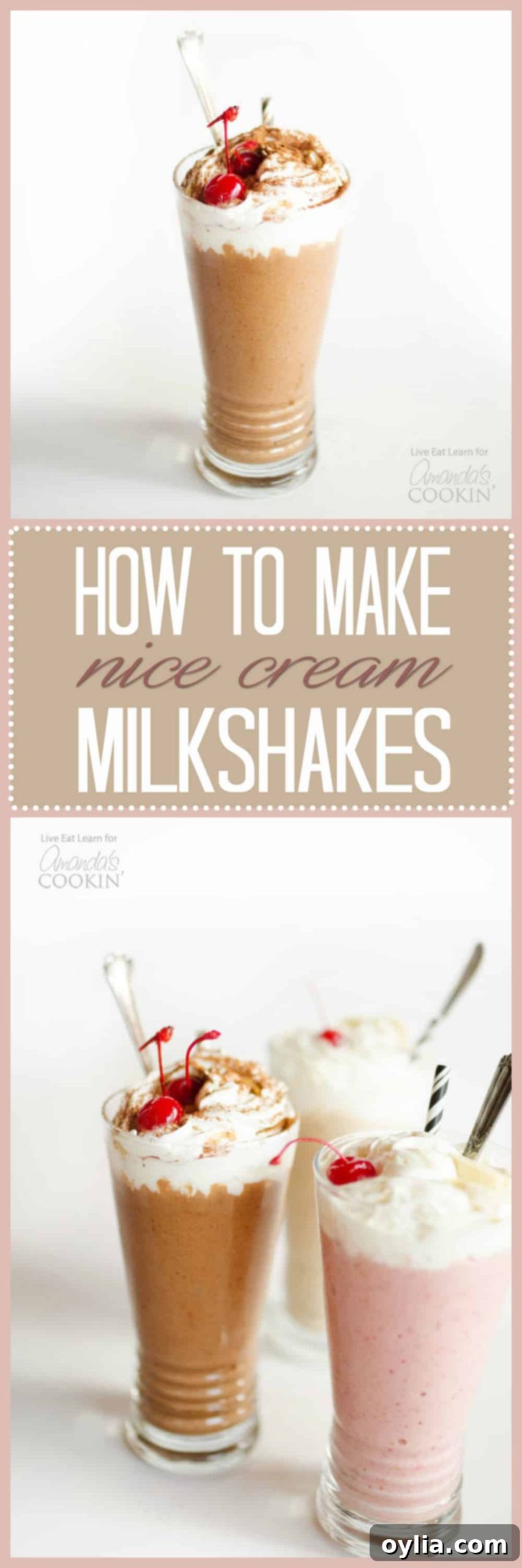 A vibrant Pinterest graphic promoting 'Nice Cream Milkshakes' with images of strawberry, vanilla, and chocolate flavors, emphasizing 'Healthy & Delicious' and 'Classic Flavors.'