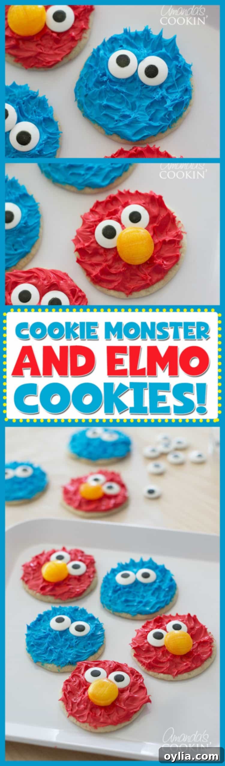 A tall, narrow image displaying several adorable Cookie Monster and Elmo cookies, perfect for pinning on Pinterest.