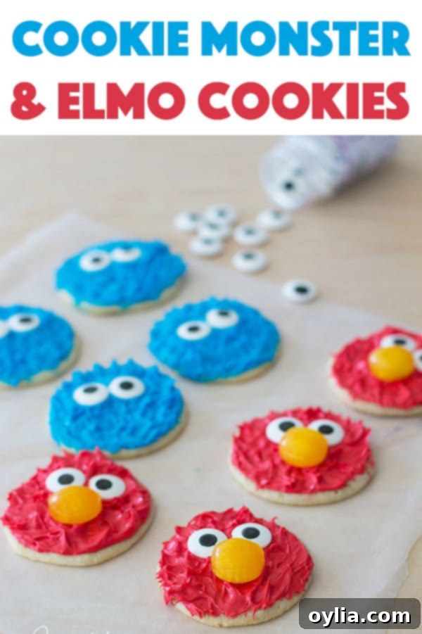 Another Pinterest-optimized image of Cookie Monster and Elmo cookies, highlighting their cuteness for party planning.