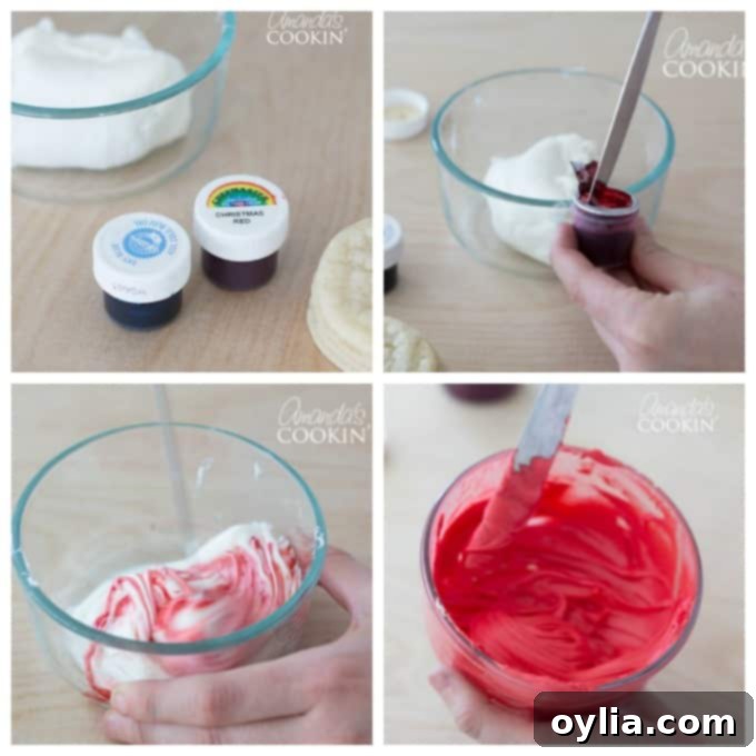 Mixing red gel food coloring into white vanilla frosting for Elmo cookies.