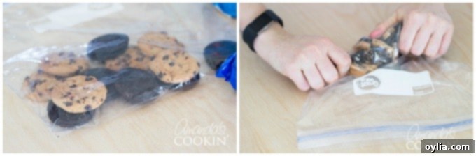 Hands crushing Chips Ahoy and Oreo cookies in a Ziploc bag, preparing crumbles for a Cookie Monster Freak Shake decoration.