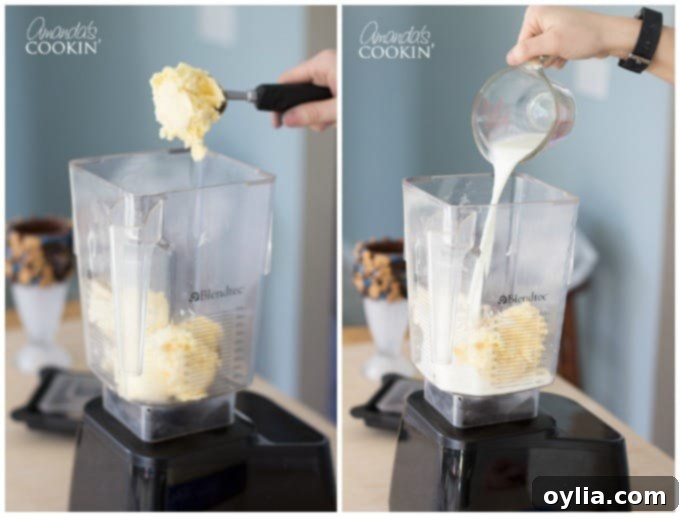 Vanilla ice cream scoops and milk being added to a blender, preparing the base for a blue Cookie Monster milkshake.