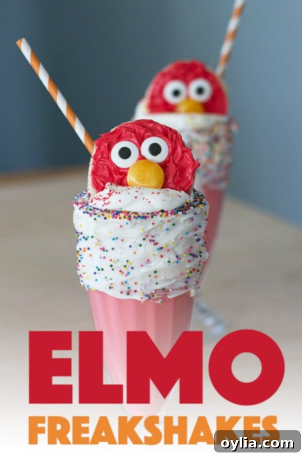 A stunning Elmo Freakshake, perfect for sharing on Pinterest! This simple recipe creates a delightful, character-filled milkshake, ideal for themed parties.
