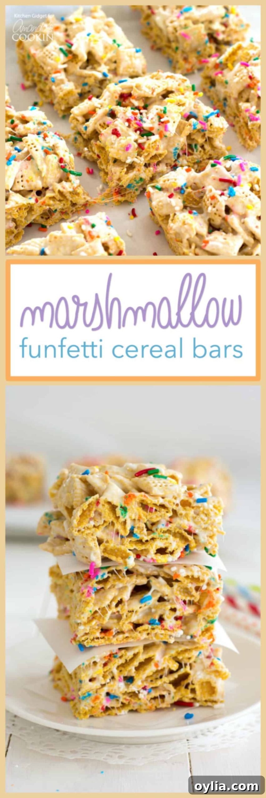 pinterest image with text: Funfetti Marshmallow Cereal Bars, soft and chewy with rainbow sprinkles