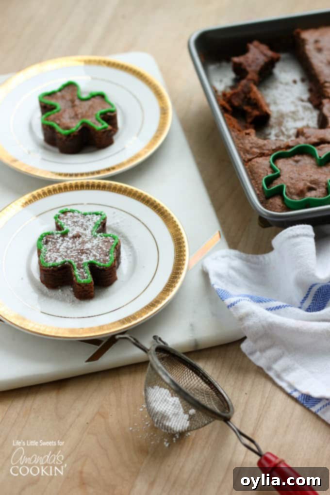 Two shamrock shaped brownies arranged on a rustic white plate, garnished with powdered sugar