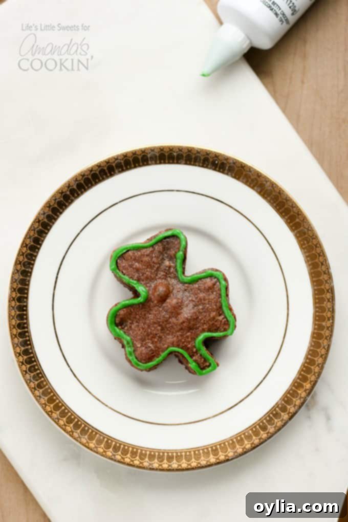 A single shamrock shaped brownie, beautifully presented on a plate