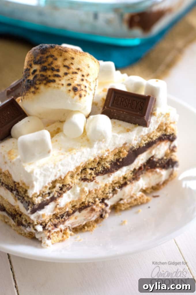 close up of a slice of s'mores icebox cake with melted marshmallow topping