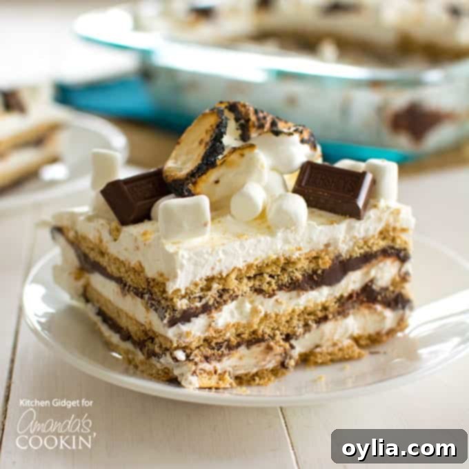 a slice of s'mores icebox cake on plate with toasted marshmallow and chocolate shavings