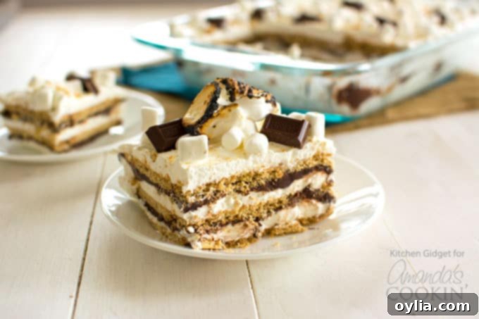 S'mores icebox cake in a glass dish, with one slice removed and placed on a white plate