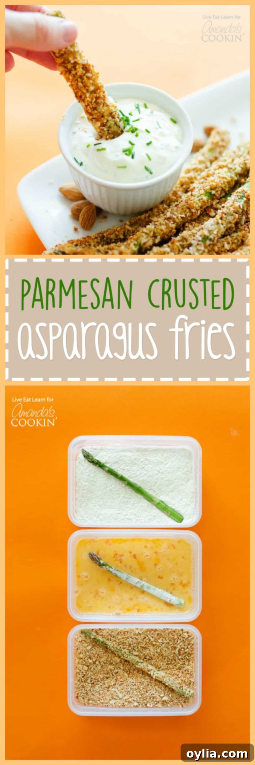 pinterest image with text: Crispy Asparagus Fries - A Healthy, Low-Carb Side Dish with Parmesan & Almond Crust