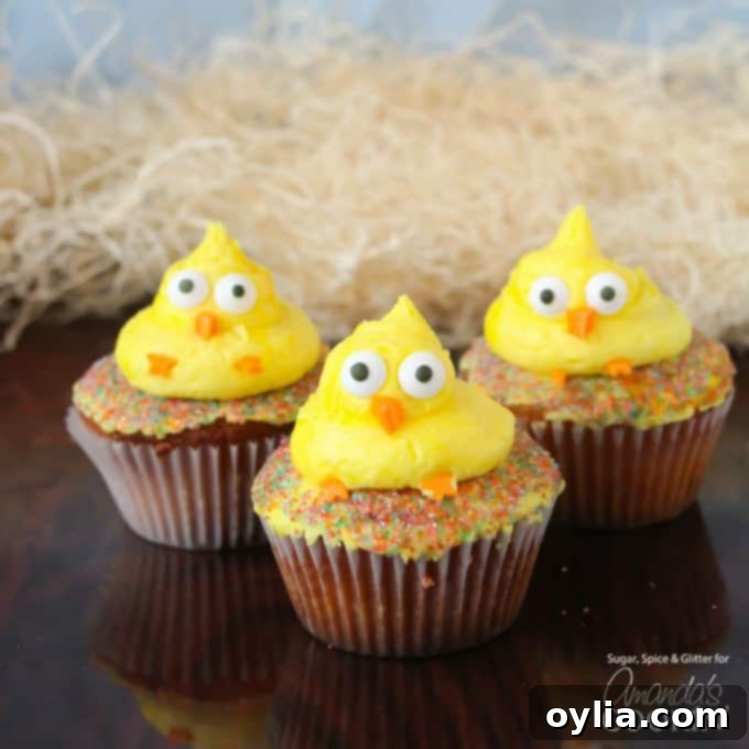 These cute Easter Chick Cupcakes are a quick & easy Easter dessert, fit to feed a crowd! Great for a holiday gathering or as a fun recipe to do with kids. #cupcakes #easter #easterdessert #spring #cupcakerecipes #easterrecipes Close-up of Easter chick cupcakes showing details of decoration