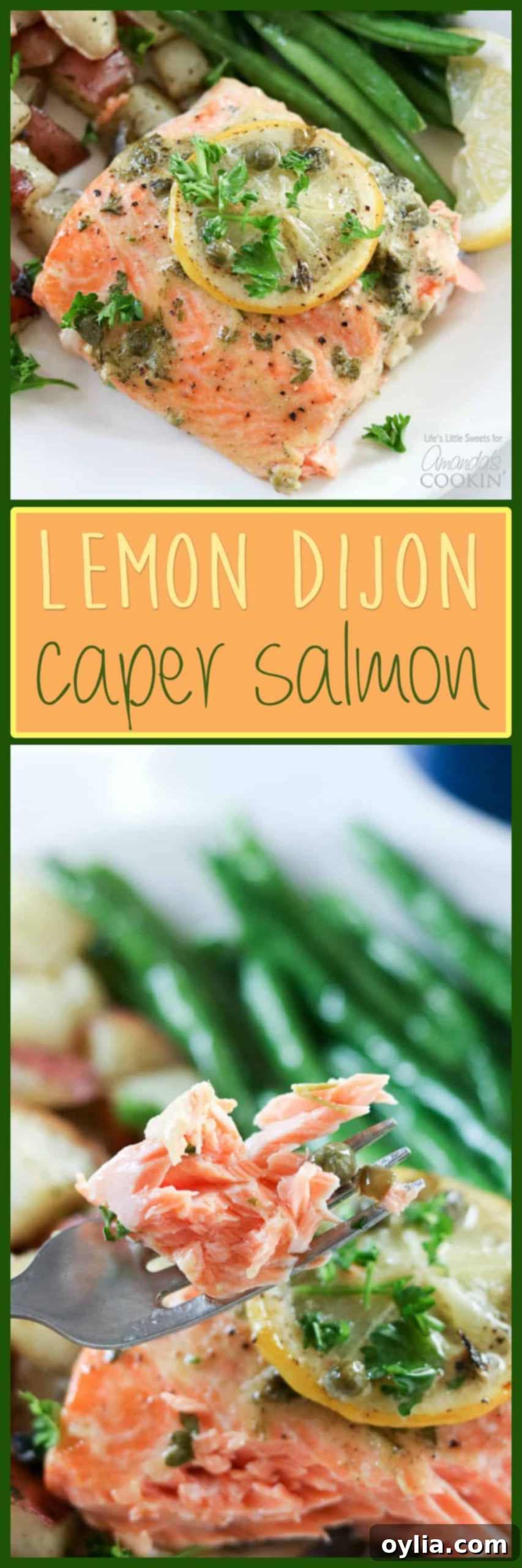 This Dijon Lemon Caper Salmon will have Salmon lovers rejoicing with Dijon, lemon and caper flavor infused into melt-in-your-mouth fillets of salmon. pinterest image with text