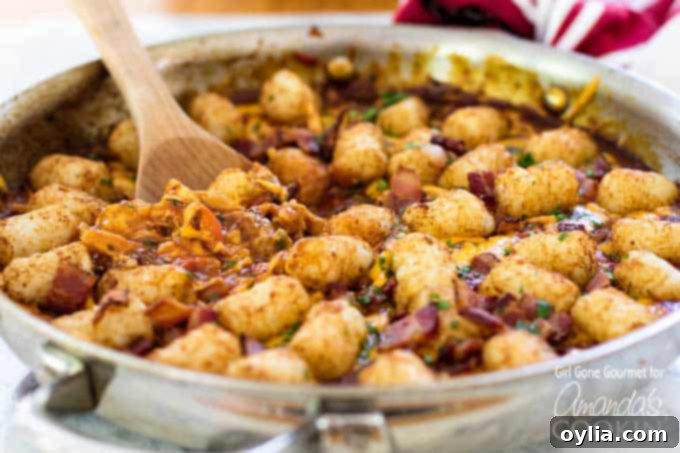 chicken tater tot skillet close up