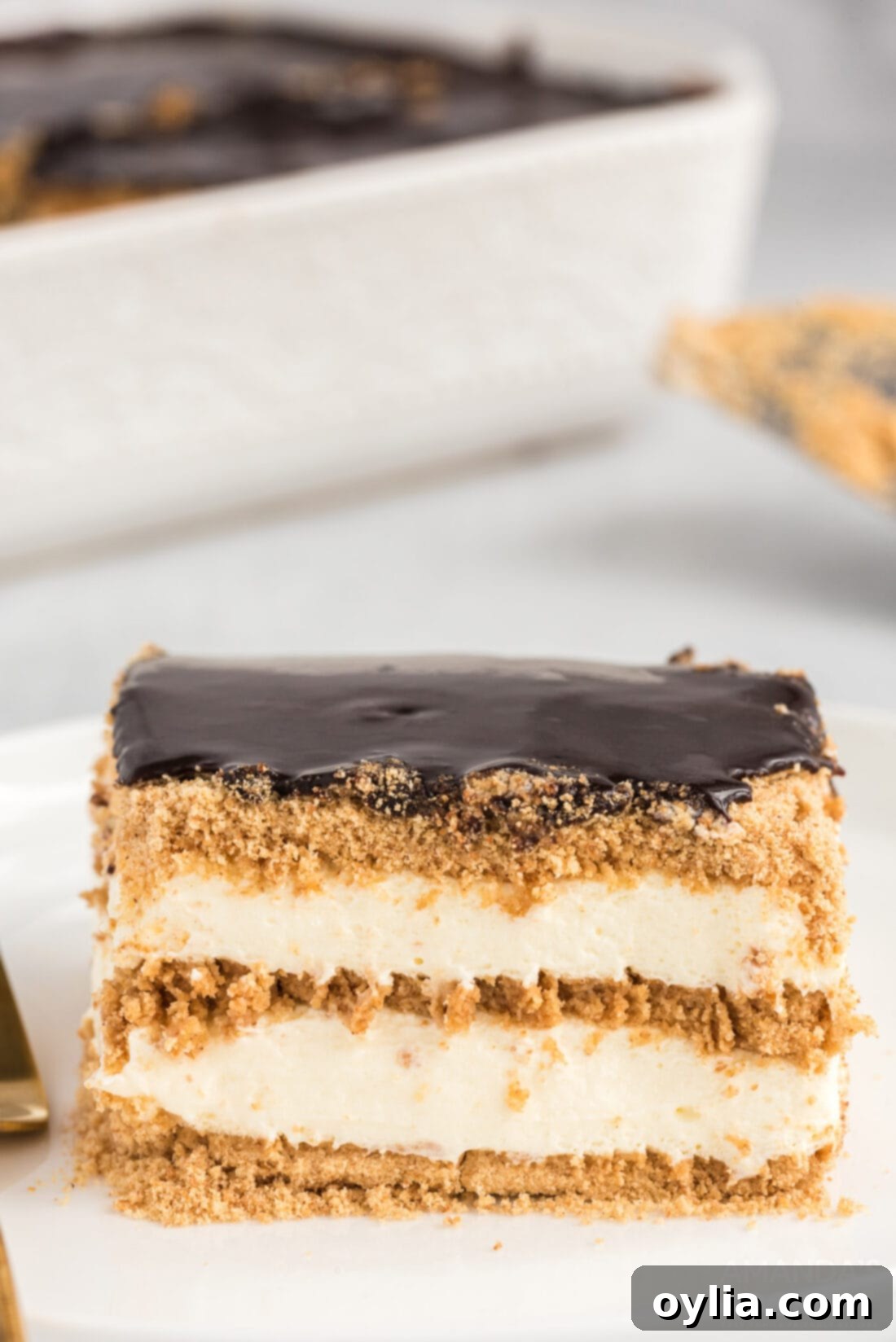 A perfectly sliced piece of no-bake eclair cake, showcasing the beautiful layers of graham crackers, creamy pudding, and decadent chocolate ganache.