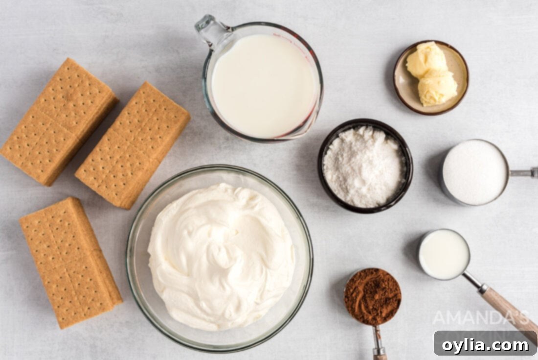 All the fresh ingredients laid out on a wooden surface, ready to make the delicious no-bake eclair cake.