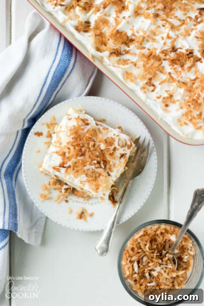 Delicious Coconut Cream Lush, a creamy summer dessert recipe for any potluck or party. Overhead shot of Coconut Cream Lush dessert, perfect for summer gatherings