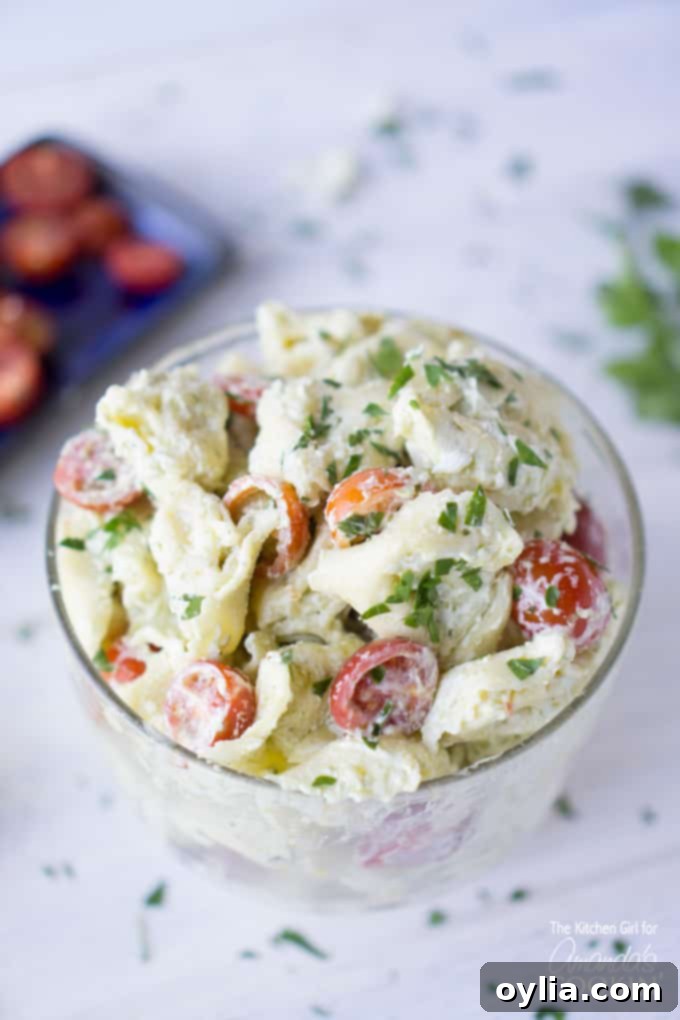 tortellini pasta salad in glass dish