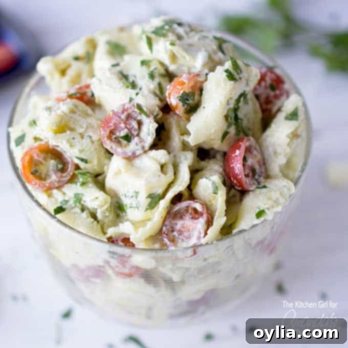 tortellini pasta salad in glass dish