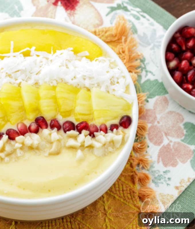 A beautifully prepared Tropical Smoothie Bowl, ready to be enjoyed as a healthy breakfast.