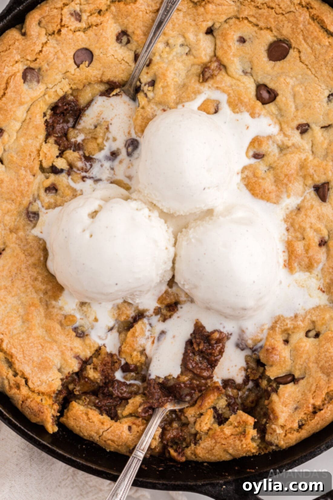 chocolate chip cookie skillet with ice cream on top