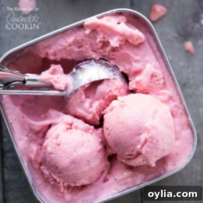 Overhead view of strawberry frozen yogurt in a bowl, garnished with fresh mint