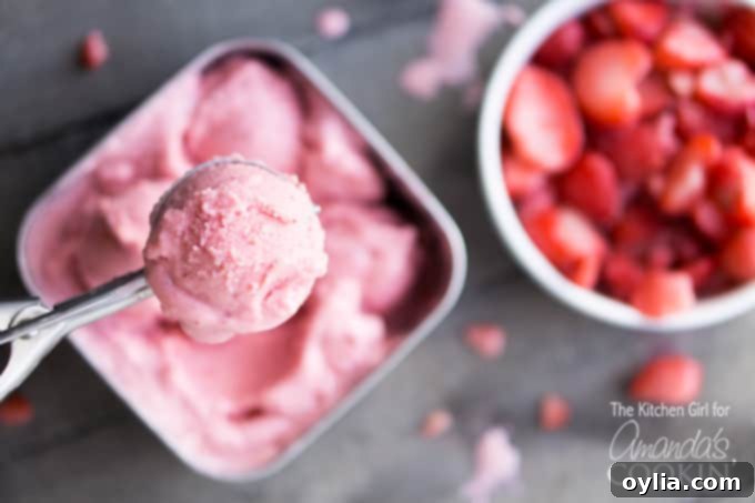 A scoop of creamy homemade strawberry frozen yogurt in a small bowl
